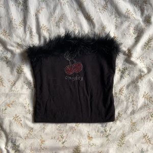 omighty Black Feather Trim Rhinestone Cherry Tube Crop Top
